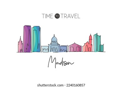 One single line drawing of Madison city skyline, Wisconsin. Historical town landscape in the world. Best holiday destination. Editable stroke trendy continuous line draw design vector illustration