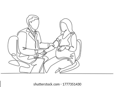 One Single Line Drawing Of Male Obstetrics And Gynecology Doctor Checking The Patient's Blood Pressure And Fetal Condition. Pregnancy Health Care Concept Continuous Line Draw Design Vector Illustration