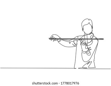 One single line drawing of male violinist performing to play violin on music festival. Trendy musician artist performance concept continuous line draw design graphic vector illustration