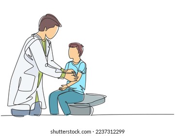 One single line drawing of male doctor giving medical aid treatment by attaching a bandage to injured little boy patient. Medical treatment concept continuous line draw design vector illustration