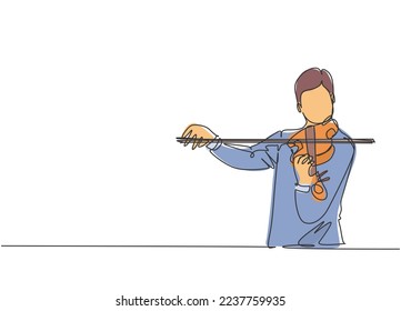 One single line drawing of male violinist performing to play violin on music festival. Trendy musician artist performance concept continuous line draw design graphic vector illustration