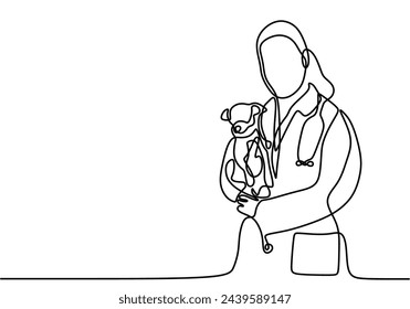 One single line drawing of male veterinarian bring and take care of a sick dog