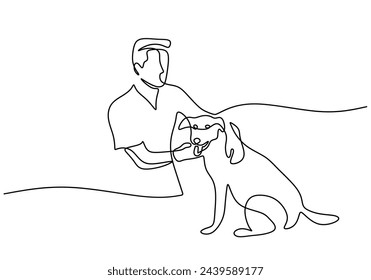 One single line drawing of male veterinarian examining and take care of a sick dog