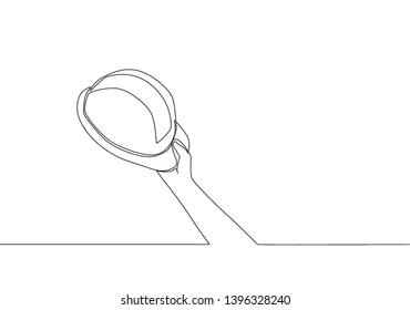 One single line drawing of man holding builder construction helmet. Worker safety tools concept. Continuous line draw vector design illustration