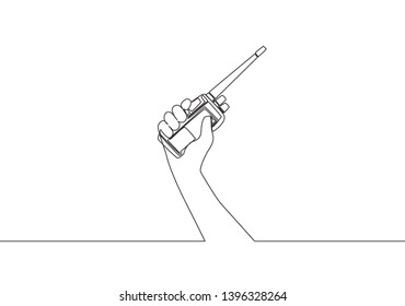 One single line drawing of man holding walkie talkie to communicate. Communication device concept. Continuous line draw vector design illustration