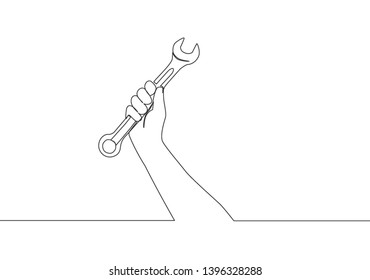 One single line drawing of man holding stainless steel wrench key. Mechanic and handyman tools concept. Continuous line draw vector design illustration