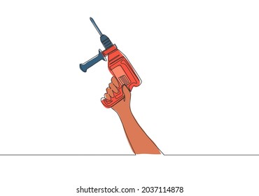 Un dibujo de una sola línea de un hombre con una máquina de perforación eléctrica a mano. Concepto de herramientas de mano. Ilustración continua de diseño vectorial de trazos de líneas