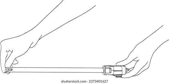 One single line drawing of man holding measuring tape. Handyman tools concept., Construction and Repair Concept - Men's Hands with Measuring Tape, Measuring Tape in Hand for Engineering