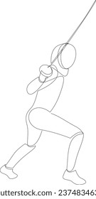 One single line drawing of man fencer athlete in fencing costume exercising motion. Sport concept. Modern continuous line draw design for combative and fighting sport poster. Vector illustration.