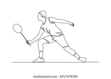 One single line drawing of a man practices playing badminton, graphic vector illustration. Sport training concept. Modern continuous line draw design for sport tournament banner and poster