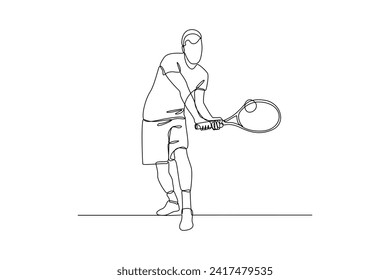 One single line drawing of a man is playing with a tennis ball. Sport training concept. Modern continuous line draw design for sport tournament banner and poster