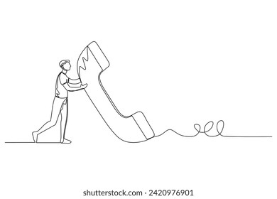 One single line drawing of a man holding old classic analog phone handling. Vintage retro telephone communication concept. Continuous line draw graphic design vector illustration