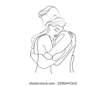 One single line drawing of man and woman hugging line art vector illustration