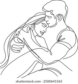 One single line drawing of man and woman hugging line art vector illustration