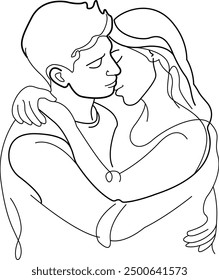 One single line drawing of man and woman hugging line art vector illustration