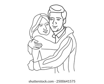 Una sola línea de dibujo de hombre y mujer abrazando la línea de arte de Ilustración vectorial