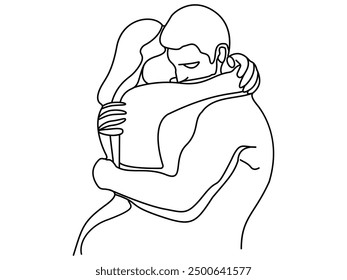 One single line drawing of man and woman hugging line art vector illustration