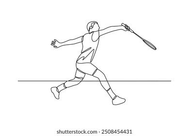 One single line drawing of man playing tennis. Individual sports, training concept. Modern continuous line draw design for sports competition banner.