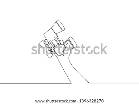 One single line drawing of man holding optical binocular glass. Military surveillance tool concept. Continuous line draw vector design illustration