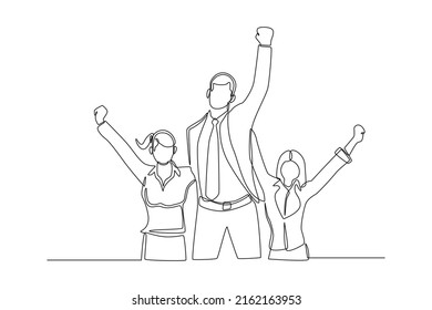 One single line drawing. Manager and his team raise one hand and happy. Teamwork united to achieve success.  concept continuous line draw design vector.	