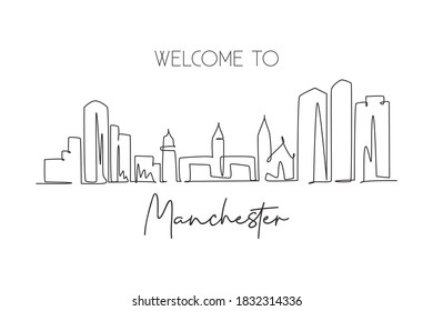 One single line drawing Manchester city skyline, New Hampshire. World historic town landscape. Best holiday destination postcard. Editable stroke trendy continuous line draw design vector illustration