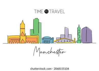 One single line drawing of Manchester city skyline. City skyscraper landscape in world. Best destination holiday wall decor poster art vacation concept. Continuous line draw design vector illustration