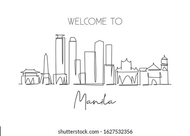 One single line drawing of Manila city skyline, Philippines. Historical town landscape in the world. Best holiday destination. Editable stroke trendy continuous line draw design vector illustration