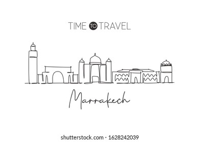 One single line drawing of Marrakesh city skyline, Morocco. Historical town landscape in the world. Best holiday destination. Editable stroke trendy continuous line draw design vector art illustration