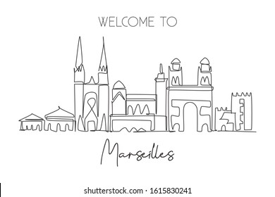 One single line drawing Marseilles city skyline, France. Historical skyscraper landscape in world. Best holiday destination wall decor poster. Trendy continuous line draw design vector illustration