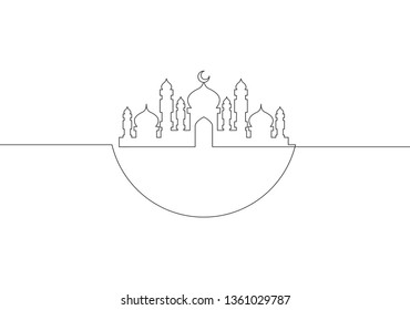 One single line drawing of masjid ornament with half round circle. Muslim holiday, Eid al Fitr and Ramadan Kareem greeting card concept continuous line draw design illustration