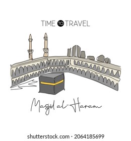 One single line drawing Masjid el Haram landmark. World famous iconic in Mecca, Saudi Arabia. Religious hajj umrah concept wall decor print art. Modern continuous line draw design vector illustration