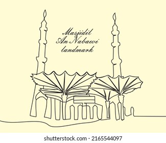 One single line drawing Masjid Al Nabawi landmark. One continuous line drawing of Nabawi mosque in Madinah.
Medina, Saudi Arabia. Vector illustration.