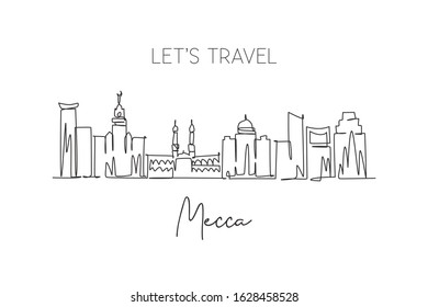One single line drawing of Mecca city skyline, Saudi Arabia. World historical town landscape. Best holiday destination. Editable stroke trendy continuous line draw design vector graphic illustration