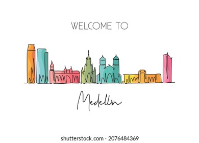 One single line drawing of Medellin city skyline, Colombia. World historical town landscape. Best holiday place destination. Editable stroke trendy continuous line draw design art vector illustration