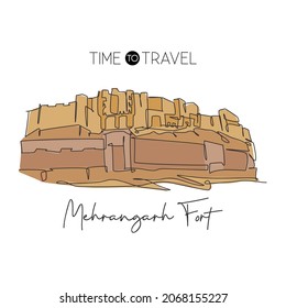 One single line drawing Mehrangarh Fort landmark. Famous historic place in Jodhpur India. Tourism travel home wall decor poster postcard concept. Modern continuous line draw design vector illustration