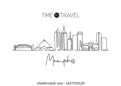 One single line drawing of Memphis city skyline, United States. Historical town landscape in the world. Best holiday destination. Editable stroke trendy continuous line draw design vector illustration