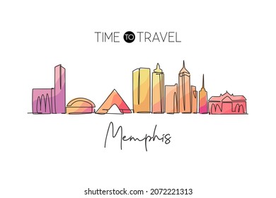 One single line drawing of Memphis city skyline, Tennessee. Historical town landscape. Best holiday destination home wall decor art poster print. Trendy continuous line draw design vector illustration