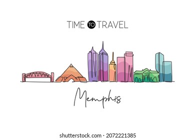 One single line drawing of Memphis city skyline, United States. Historical town landscape in the world. Best holiday destination. Editable stroke trendy continuous line draw design vector illustration