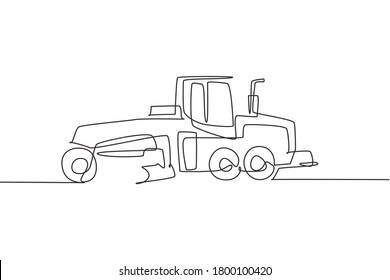 One single line drawing of metal roller for paving the road, commercial vehicle vector illustration. Heavy machines vehicles construction concept. Modern continuous line graphic draw design