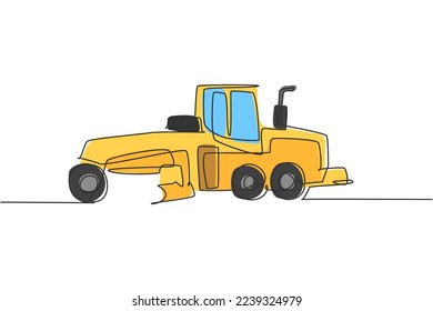 One single line drawing of metal roller for paving the road, commercial vehicle vector illustration. Heavy machines vehicles construction concept. Modern continuous line graphic draw design