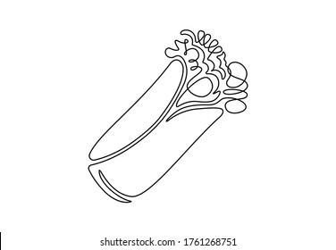 One Single Line Drawing Of Mexican Burritos, Greek Shaurma, Shawarma Or Gyro. Street Fast Food Concept. Modern Continuous Line Draw Design Logo For Cafe. Vector Illustration