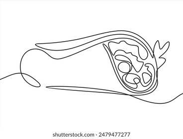 One single line drawing of Mexican burritos, Greek shaurma, shawarma or gyro. Street fast food concept. Modern continuous line draw design logo for cafe. Vector illustration