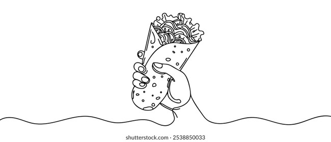 One single line drawing of Mexican burritos, Greek shawarma, shawarma or gyro. Street fast food concept. Modern continuous line draw design logo for cafe. Vector illustration