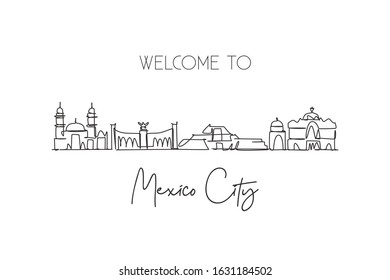 One single line drawing of Mexico city skyline, Mexico. World historical town landscape. Best place holiday destination home decor poster print. Trendy continuous line draw design vector illustration