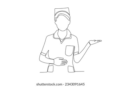 One single line drawing of a midwife who invites the patient to enter the room
