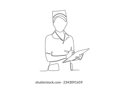 One single line drawing of a midwife who is recording patient complaints
