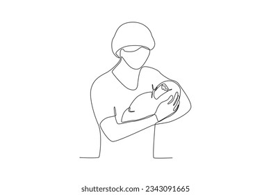 One single line drawing of a midwife holding newborn baby
