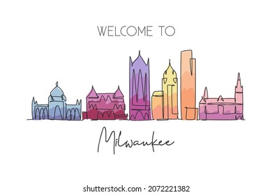 Un dibujo de una sola línea del horizonte de la ciudad de Milwaukee, EEUU. Paisaje histórico de la ciudad. Mejor destino vacacional decoración de paredes domésticas arte de impresión de afiches. Diseño de líneas continuas de moda ilustración vectorial