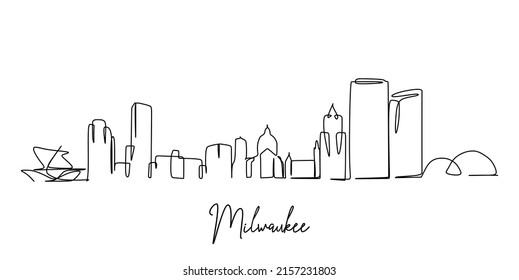 Un dibujo de una sola línea del horizonte de la ciudad de Milwaukee, EEUU. Paisaje histórico de la ciudad. Mejor destino vacacional decoración de paredes domésticas arte de impresión de afiches. Diseño de líneas continuas de moda ilustración vectorial