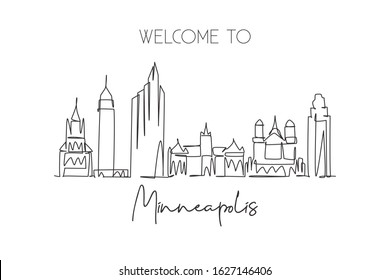 One single line drawing of Minneapolis city skyline, USA. Historical town landscape. Best holiday destination home wall decor poster print art. Trendy continuous line draw design vector illustration